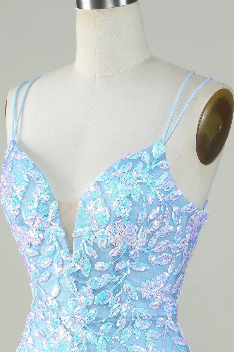 Robe de soirée courte bleu clair à lacets scintillants dans le dos