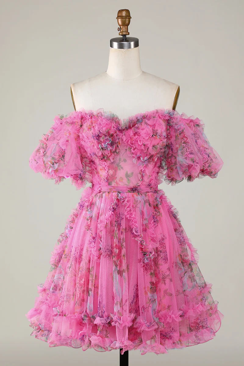 Robe de soirée fuchsia en tulle à épaules dénudées et manches à appliqués floraux