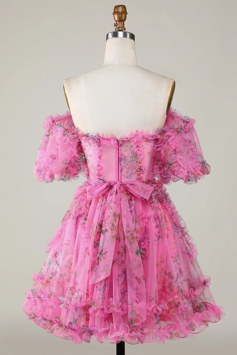 Robe de soirée fuchsia en tulle à épaules dénudées et manches à appliqués floraux