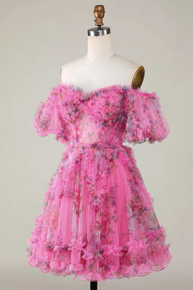 Robe de soirée fuchsia en tulle à épaules dénudées et manches à appliqués floraux