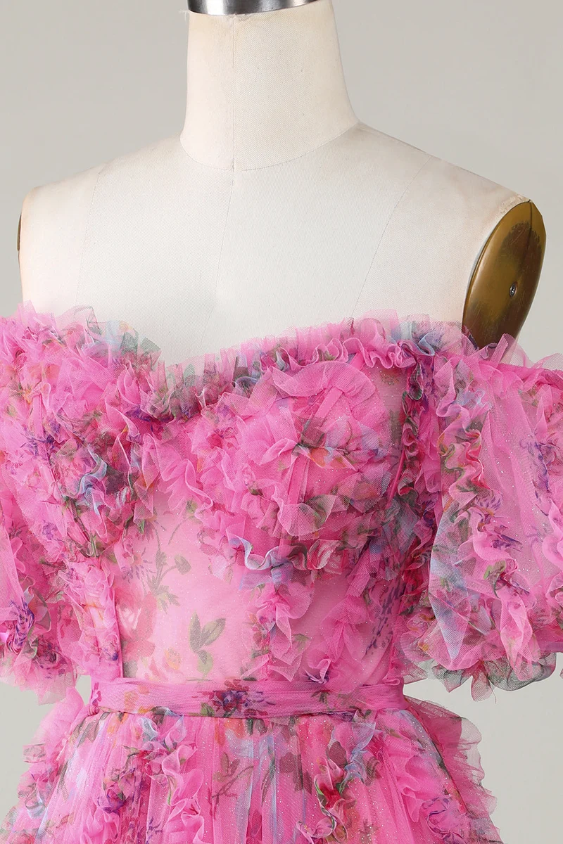 Robe de soirée fuchsia en tulle à épaules dénudées et manches à appliqués floraux