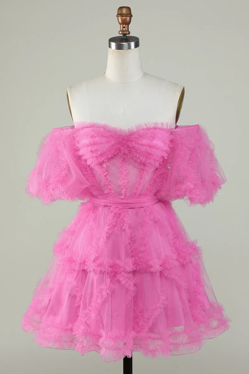 Robe de soirée trapèze rose en tulle à épaules dénudées - Robe de soirée élégante
