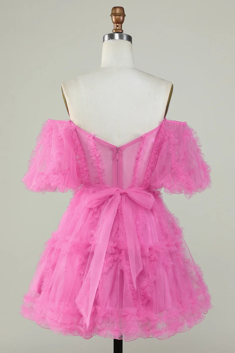 Robe de soirée trapèze rose en tulle à épaules dénudées - Robe de soirée élégante