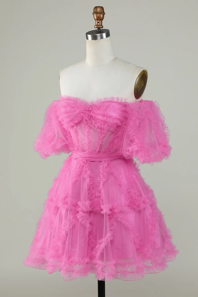 Robe de soirée trapèze rose en tulle à épaules dénudées - Robe de soirée élégante