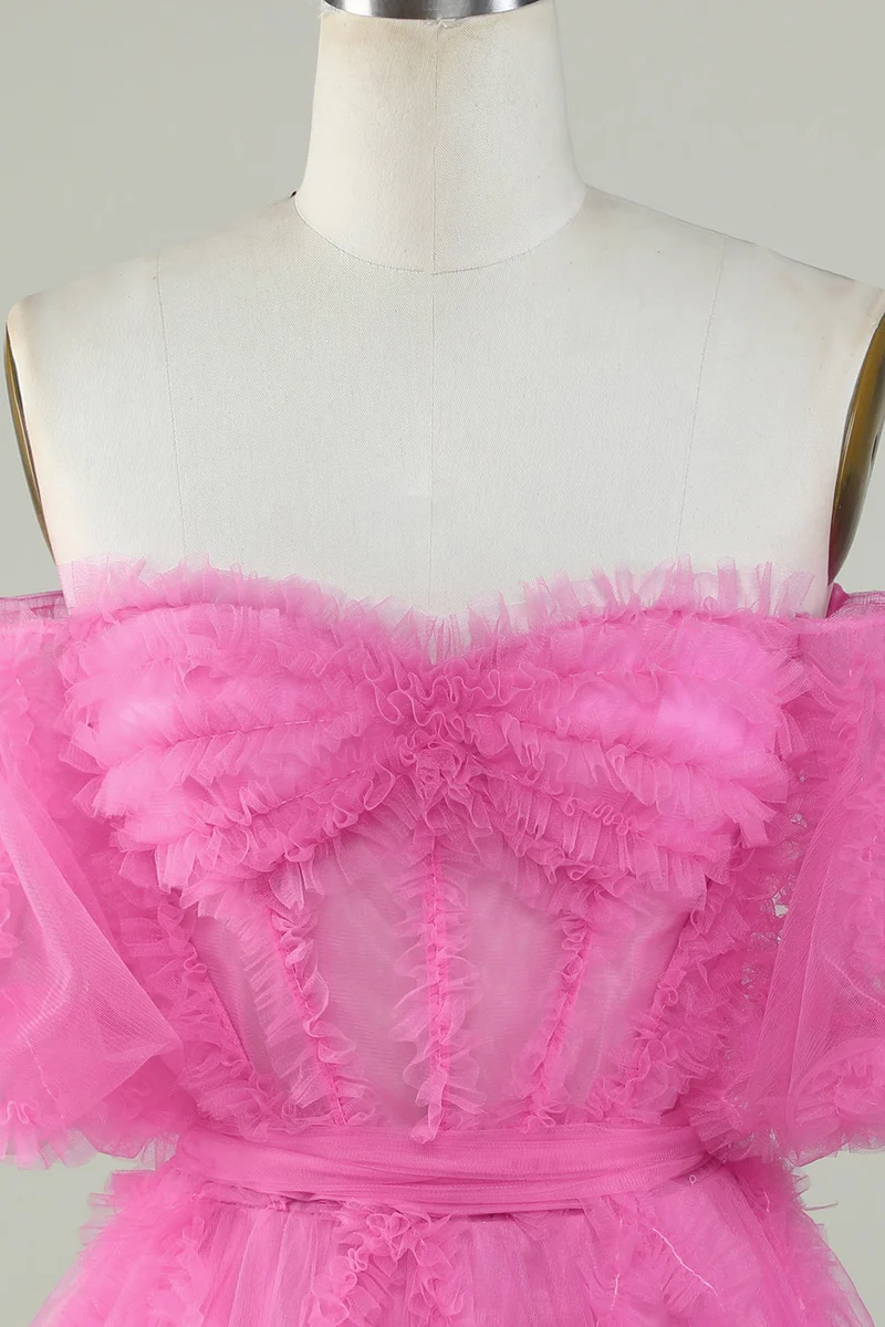Robe de soirée trapèze rose en tulle à épaules dénudées - Robe de soirée élégante