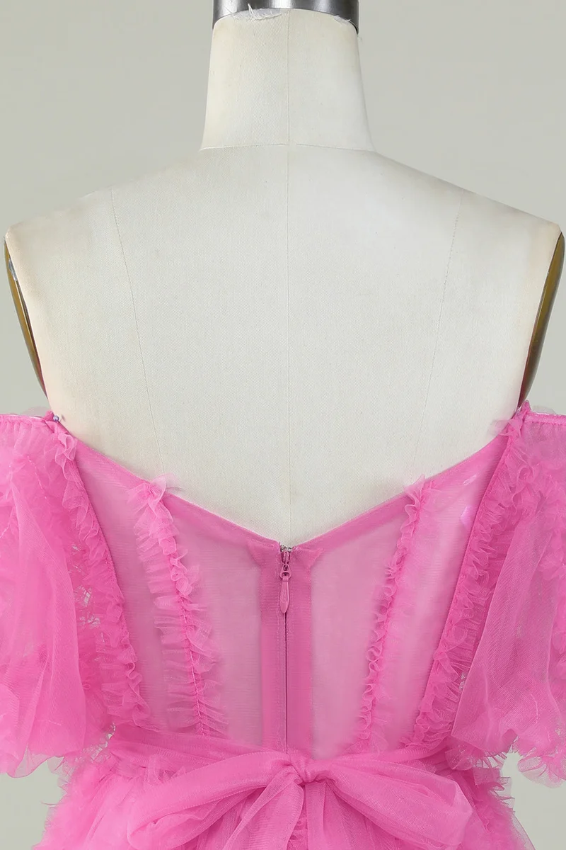 Robe de soirée trapèze rose en tulle à épaules dénudées - Robe de soirée élégante