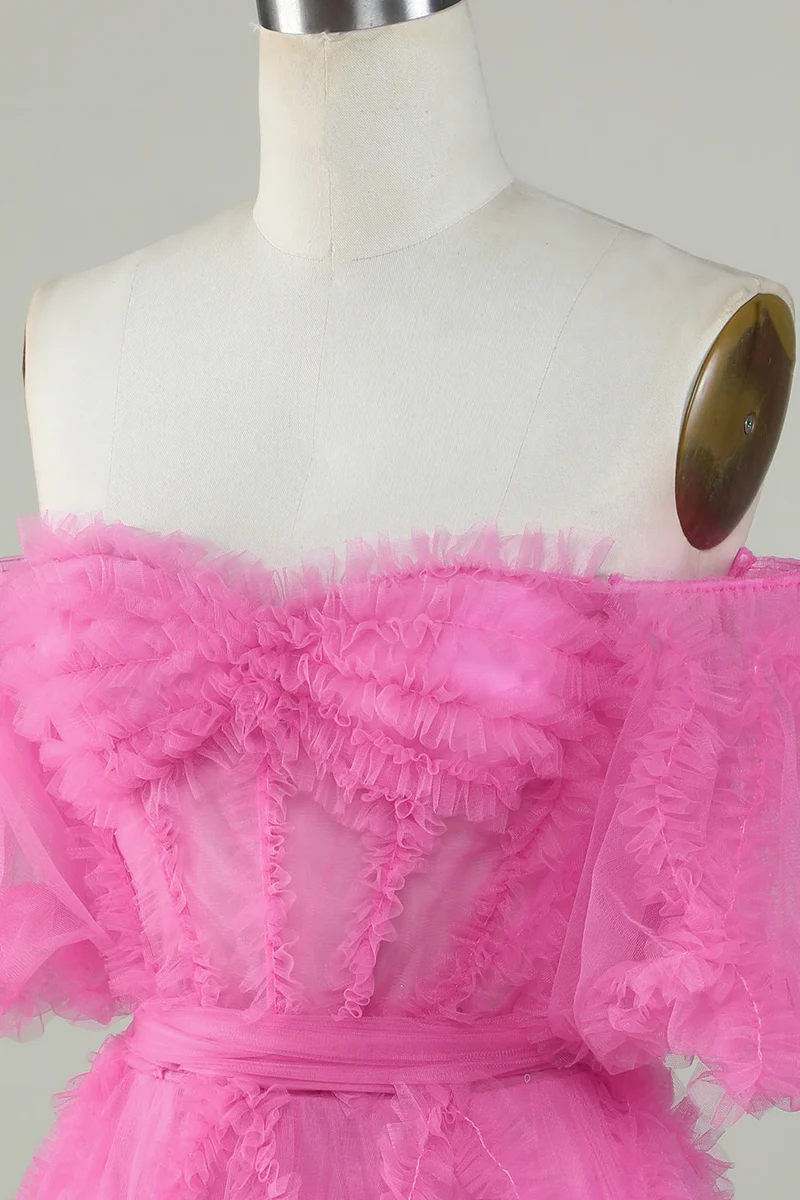 Robe de soirée trapèze rose en tulle à épaules dénudées - Robe de soirée élégante