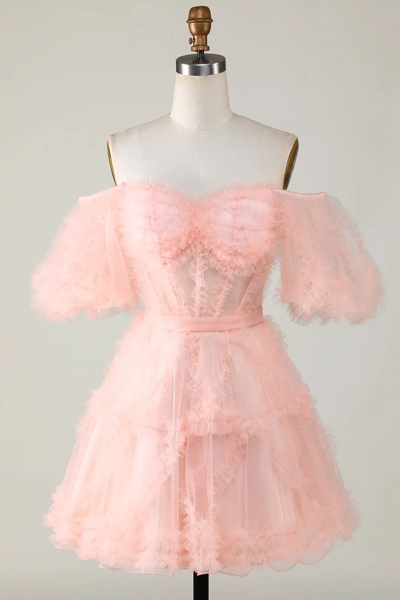 Robe de soirée trapèze rose en tulle à épaules dénudées - Robe de soirée élégante