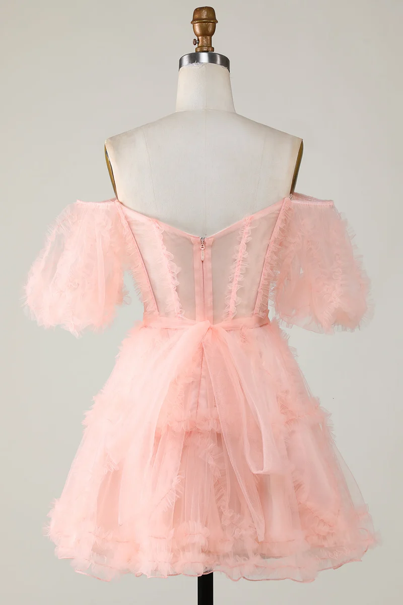 Robe de soirée trapèze rose en tulle à épaules dénudées - Robe de soirée élégante