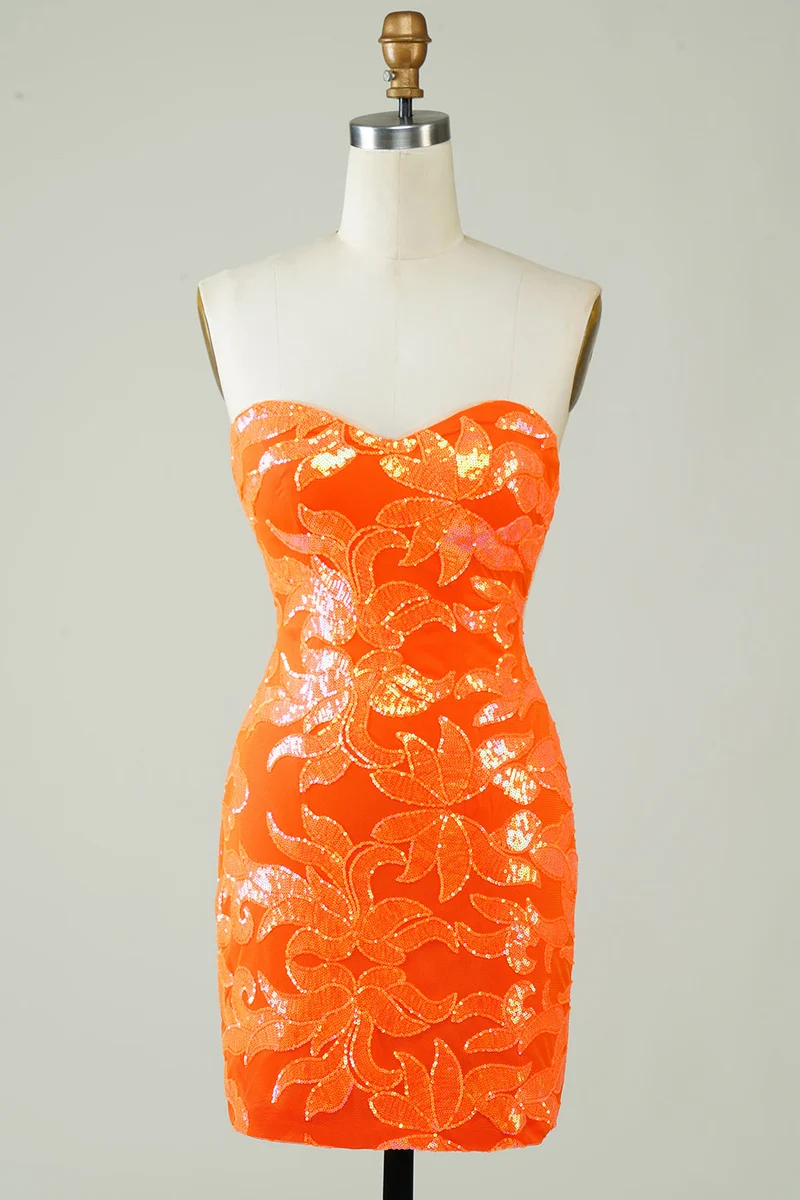 Robe de soirée élégante orange sans bretelles à paillettes, coupe ajustée, longueur mini