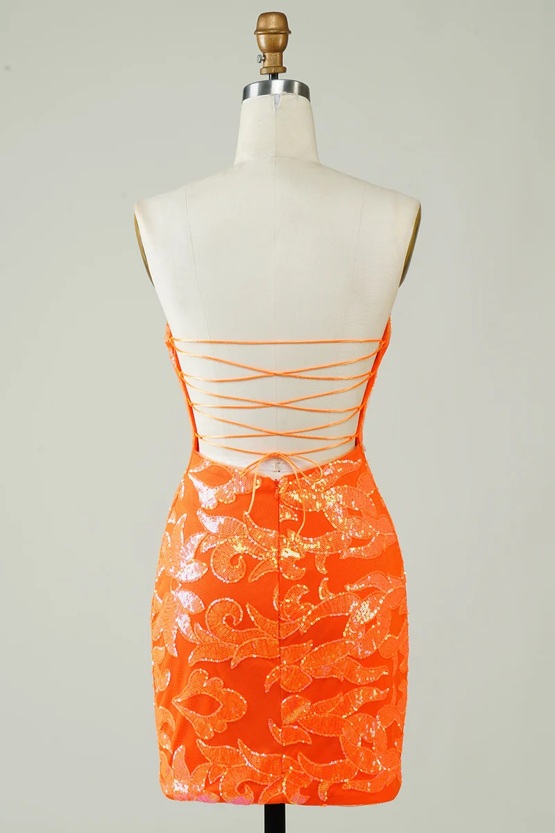 Robe de soirée élégante orange sans bretelles à paillettes, coupe ajustée, longueur mini
