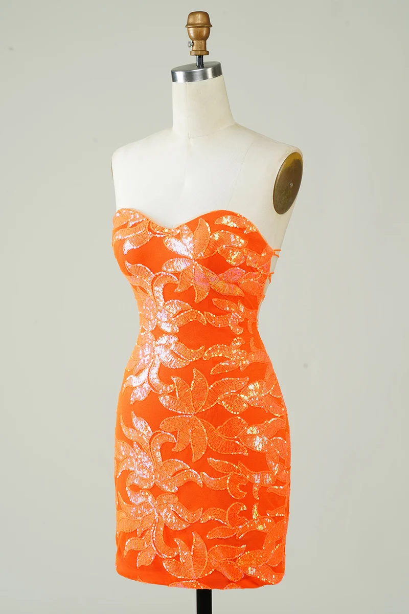 Robe de soirée élégante orange sans bretelles à paillettes, coupe ajustée, longueur mini