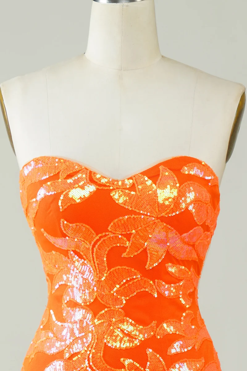 Robe de soirée élégante orange sans bretelles à paillettes, coupe ajustée, longueur mini