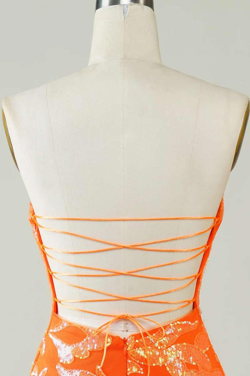 Robe de soirée élégante orange sans bretelles à paillettes, coupe ajustée, longueur mini
