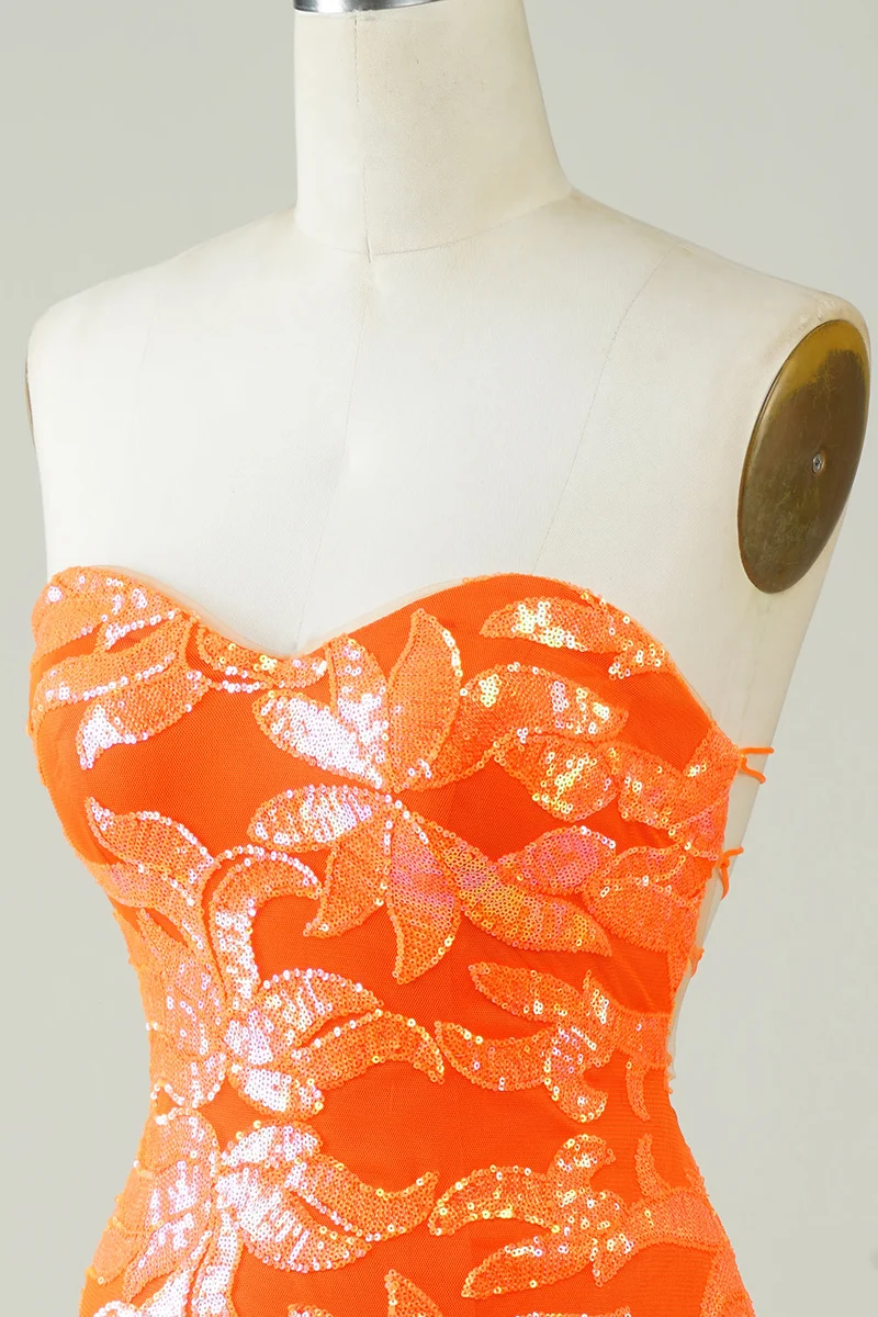 Robe de soirée élégante orange sans bretelles à paillettes, coupe ajustée, longueur mini