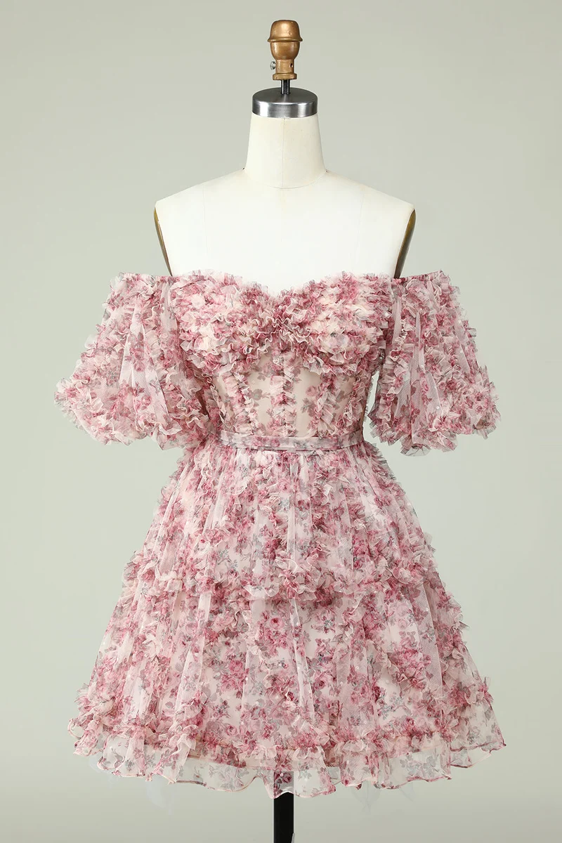 Robe de soirée courte à imprimé floral et épaules dénudées, élégante, en tulle et appliques