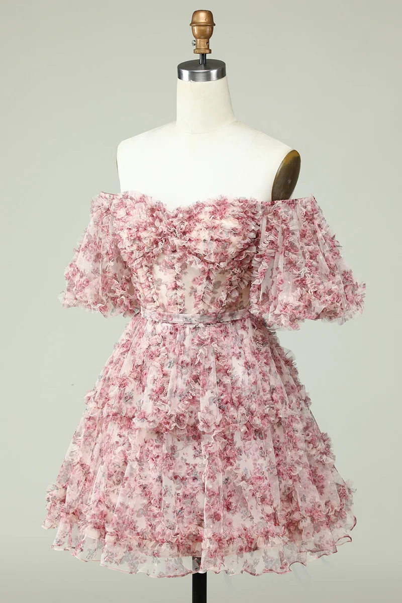 Robe de soirée courte à imprimé floral et épaules dénudées, élégante, en tulle et appliques
