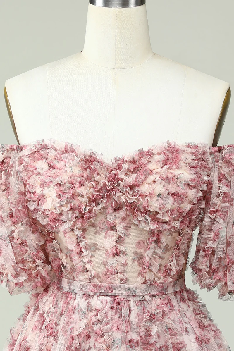 Robe de soirée courte à imprimé floral et épaules dénudées, élégante, en tulle et appliques