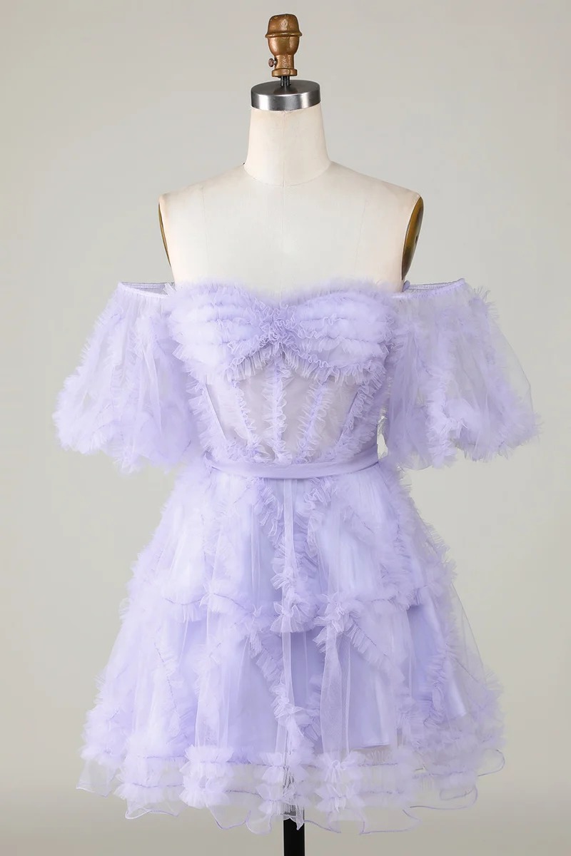 Robe de soirée trapèze en tulle à épaules dénudées et corset - Purple Perfection