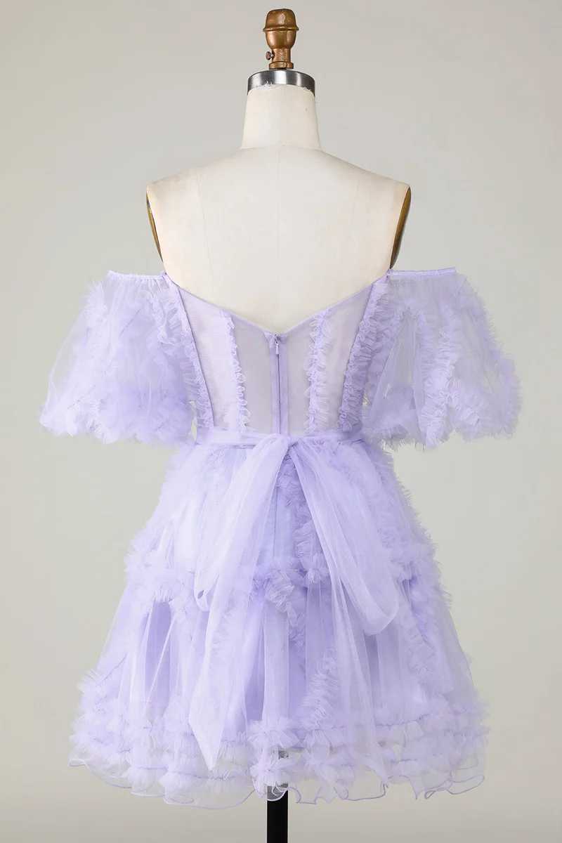 Robe de soirée trapèze en tulle à épaules dénudées et corset - Purple Perfection