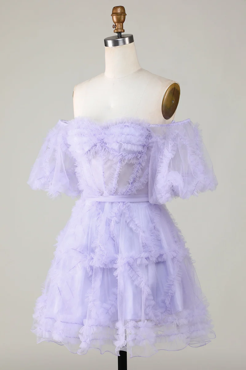 Robe de soirée trapèze en tulle à épaules dénudées et corset - Purple Perfection