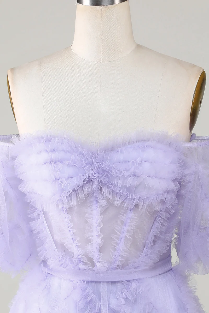 Robe de soirée trapèze en tulle à épaules dénudées et corset - Purple Perfection
