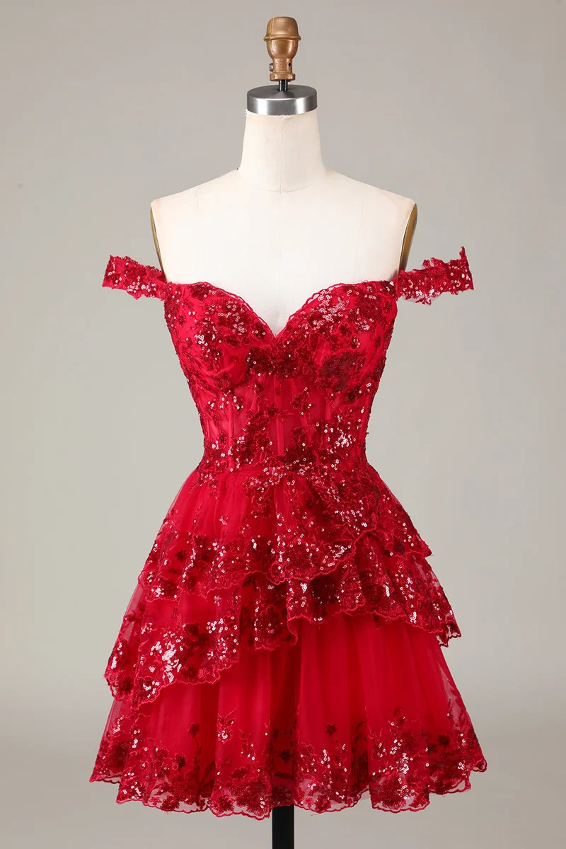 Robe de soirée trapèze rouge scintillante à volants et dentelle pour femme