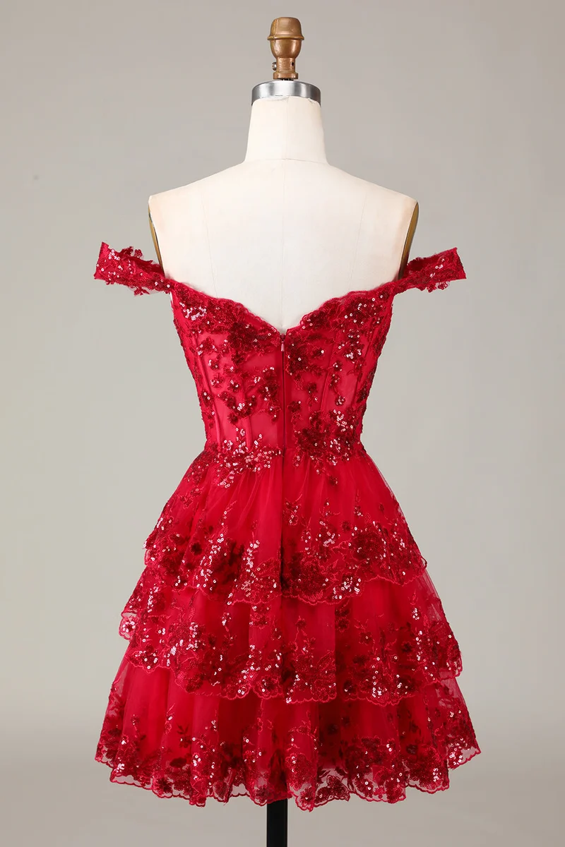 Robe de soirée trapèze rouge scintillante à volants et dentelle pour femme