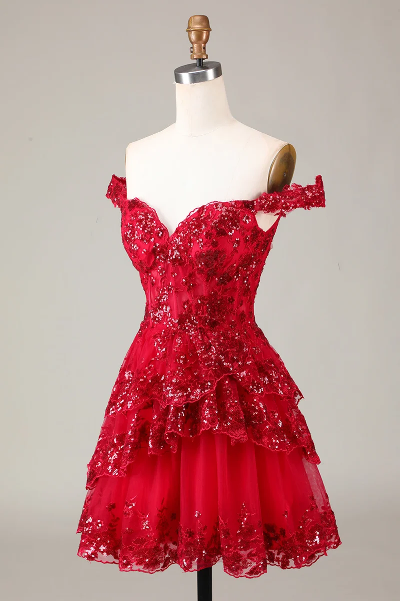 Robe de soirée trapèze rouge scintillante à volants et dentelle pour femme