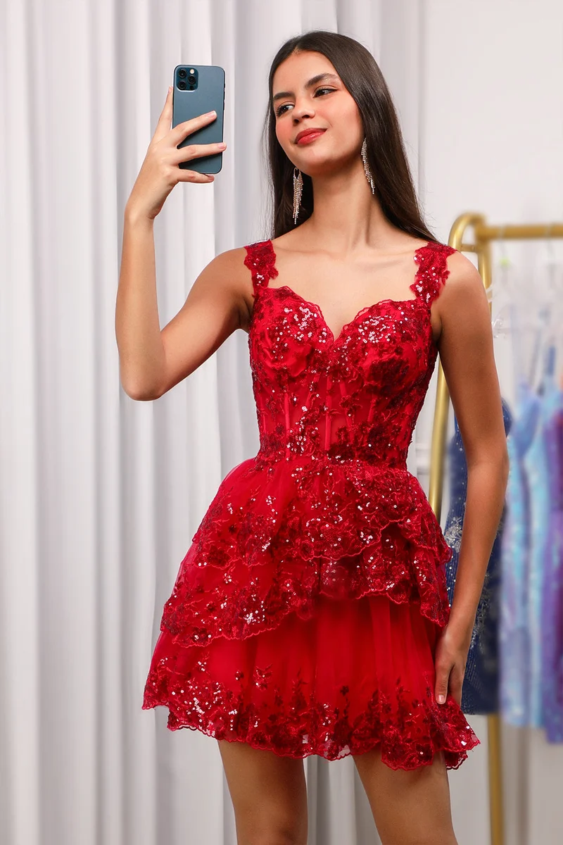 Robe de soirée trapèze rouge scintillante à volants et dentelle pour femme