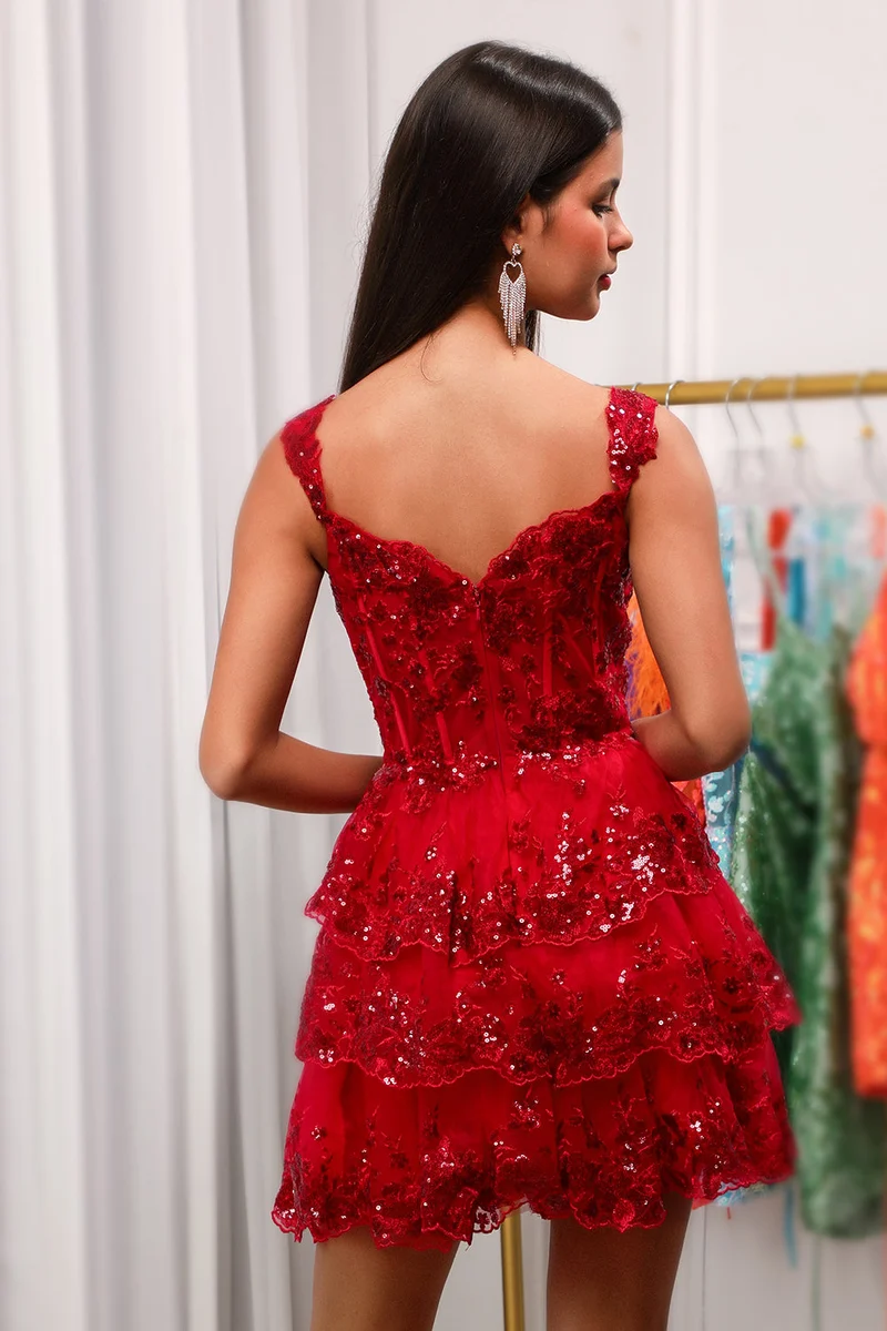 Robe de soirée trapèze rouge scintillante à volants et dentelle pour femme