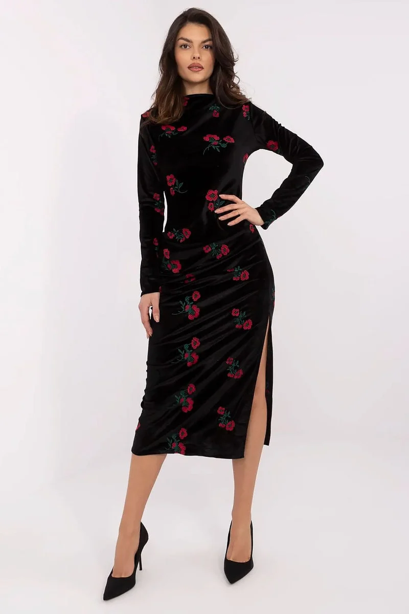 Robe midi manches longues noire à fleurs