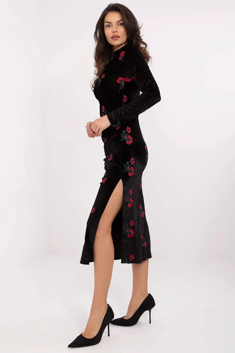 Robe midi manches longues noire à fleurs