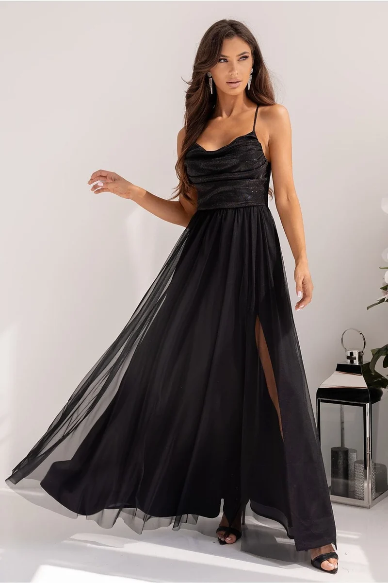 Robe de soirée noire chic longue à bretelles
