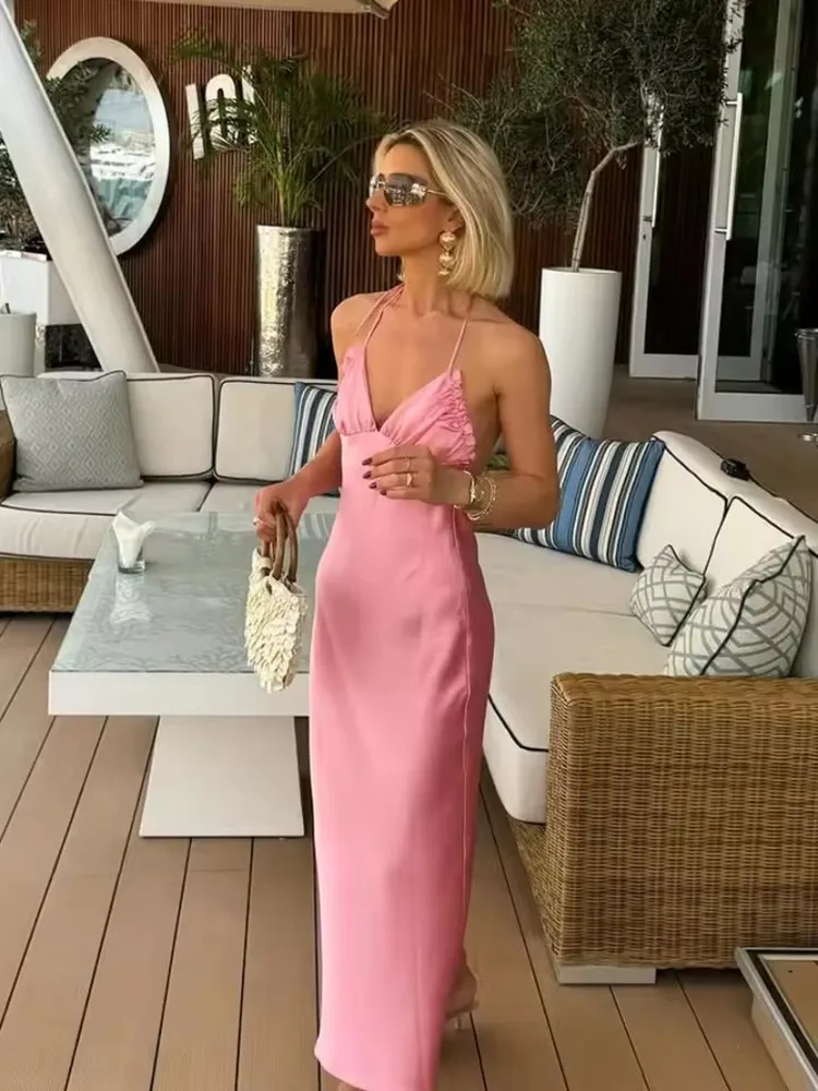 Robe Longue Satin Col V Dos Nu Pour Femmes