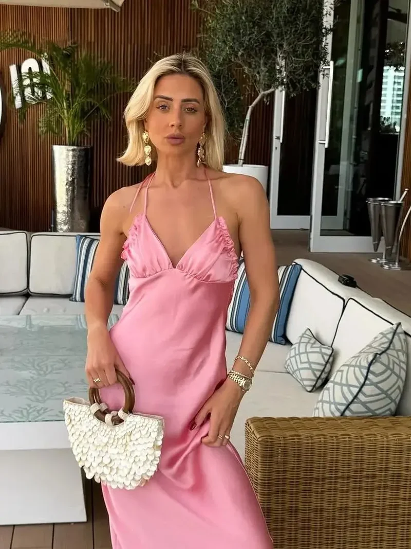 Robe Longue Satin Col V Dos Nu Pour Femmes