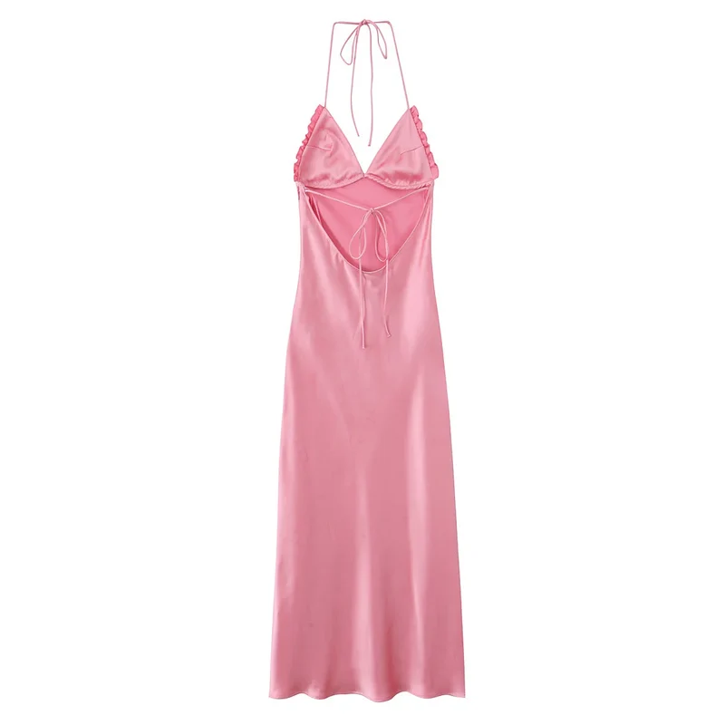 Robe Longue Satin Col V Dos Nu Pour Femmes