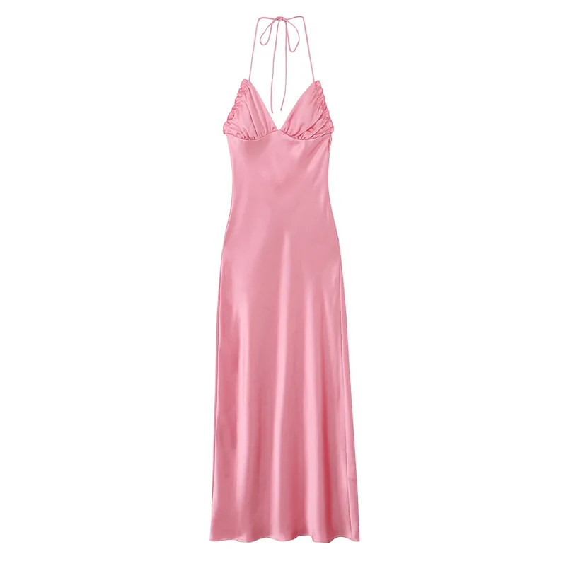 Robe Longue Satin Col V Dos Nu Pour Femmes