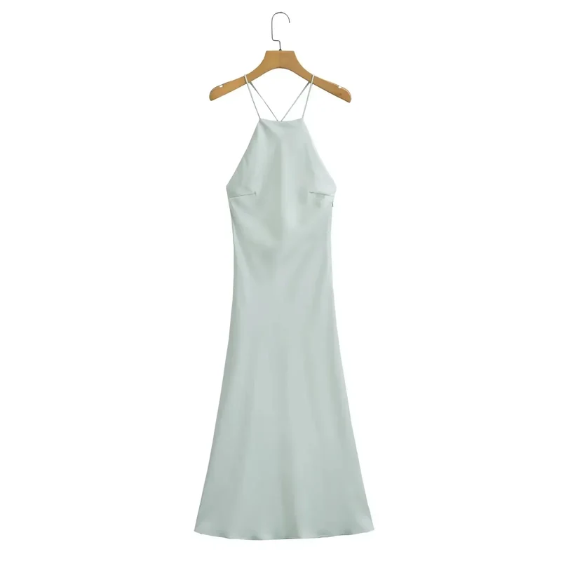Longue robe sans manches en satin vert citron