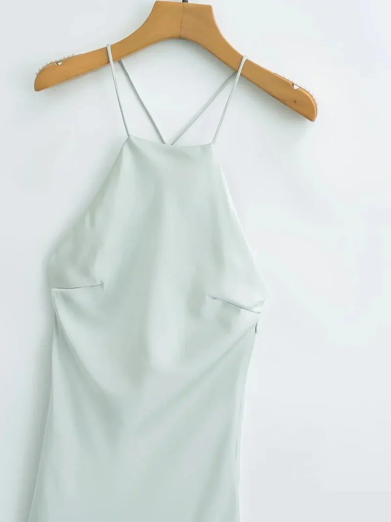 Longue robe sans manches en satin vert citron