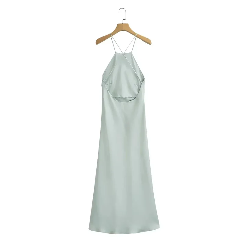 Longue robe sans manches en satin vert citron