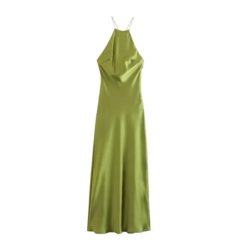 Longue robe sans manches en satin vert citron