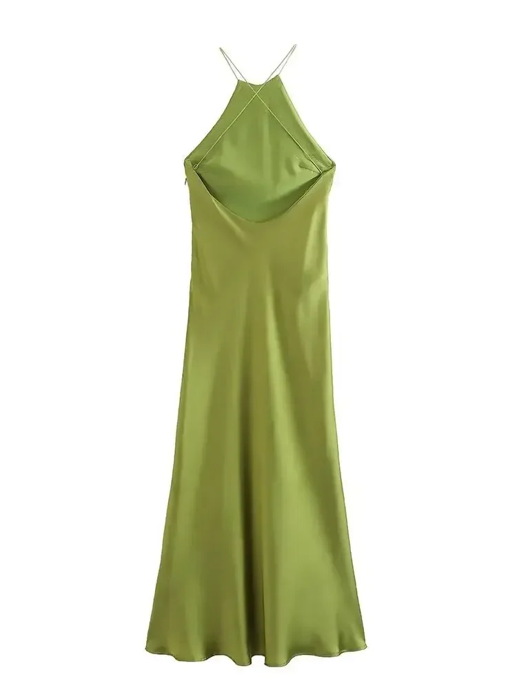 Longue robe sans manches en satin vert citron
