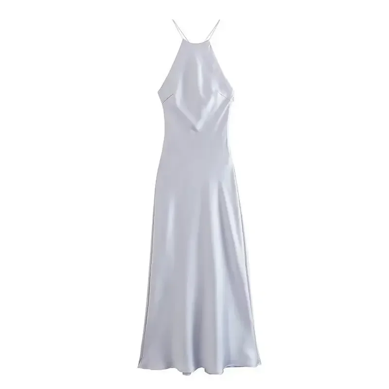 Longue robe sans manches en satin vert citron