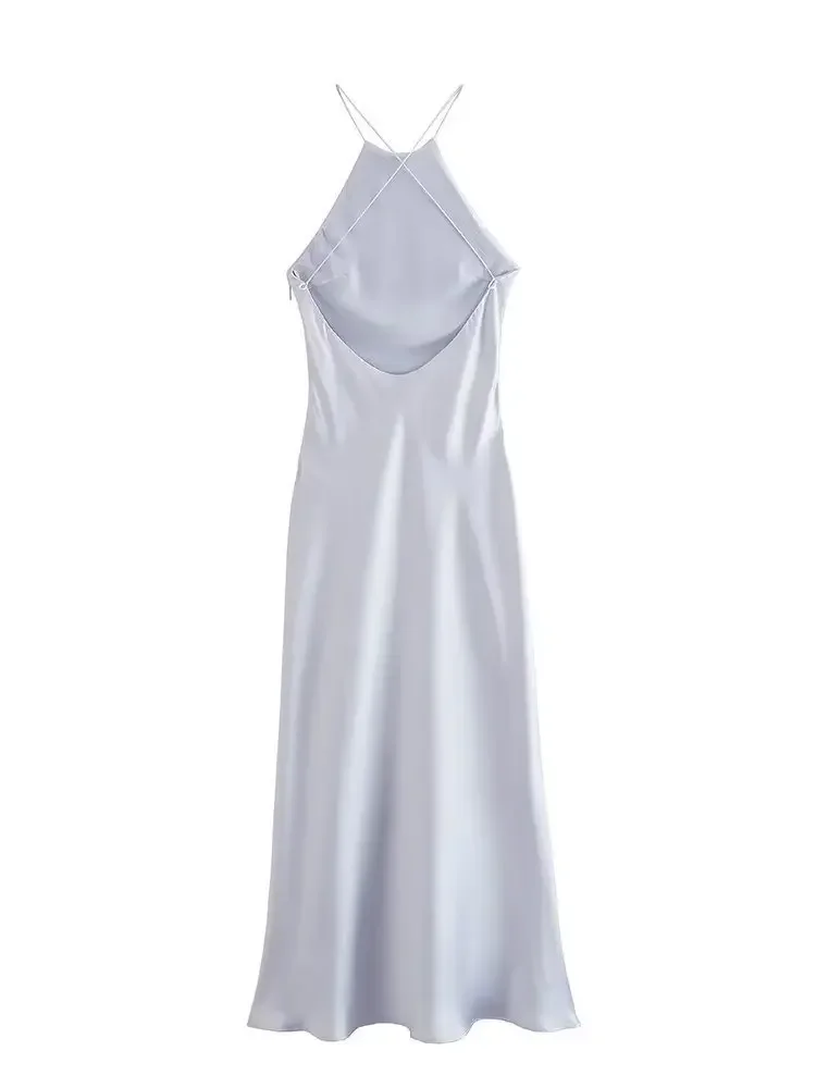 Longue robe sans manches en satin vert citron