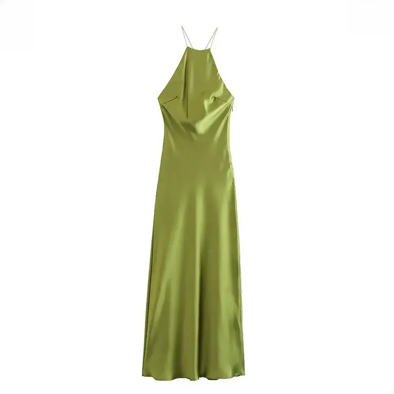 Longue robe sans manches en satin vert citron