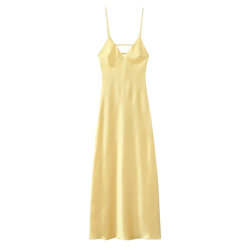 Longue robe à bretelles en satin jaune citron dos nu