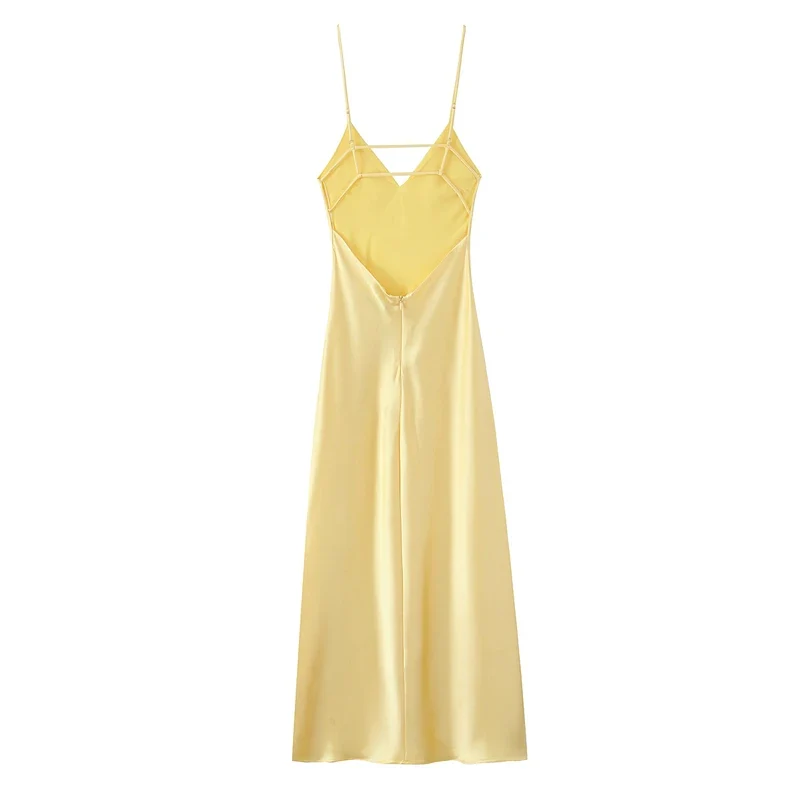 Longue robe à bretelles en satin jaune citron dos nu