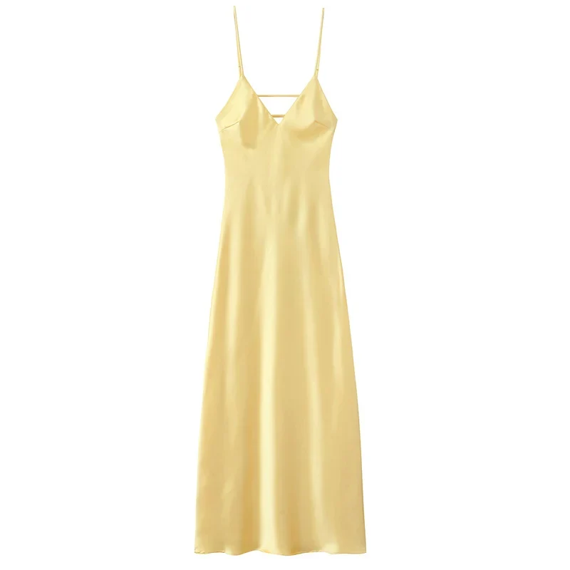 Longue robe à bretelles en satin jaune citron dos nu