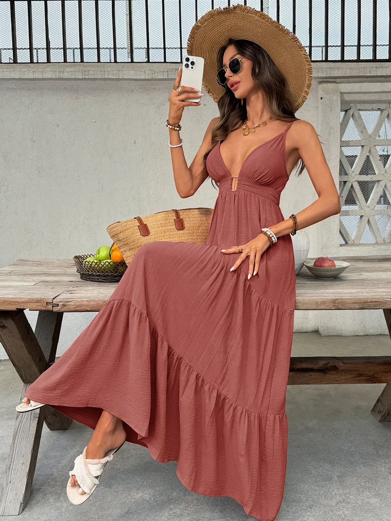 Longue robe de vacances boho rouge sable à bretelles